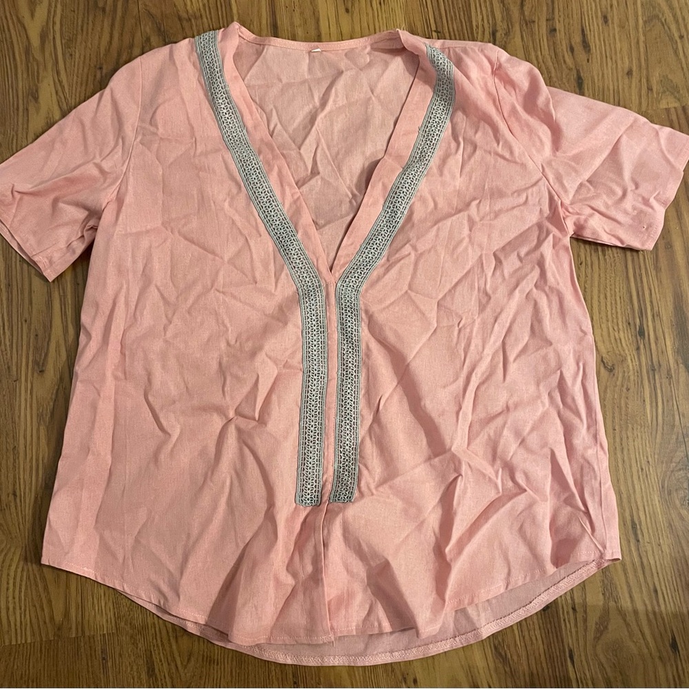 Women's Pink V-Neck Short Sleeve Top with Embellished Trim